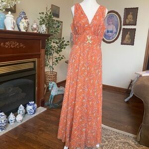 Vintage 1960s/70s Multicolor Orange Shimmer Paisley Maxi Evening Dress Size M